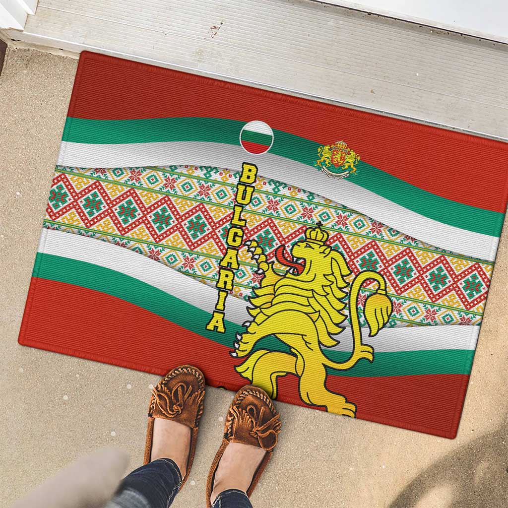 Bulgaria Lion Rubber Doormat Tricolor Flag, Folk Pattern and Proud Motto