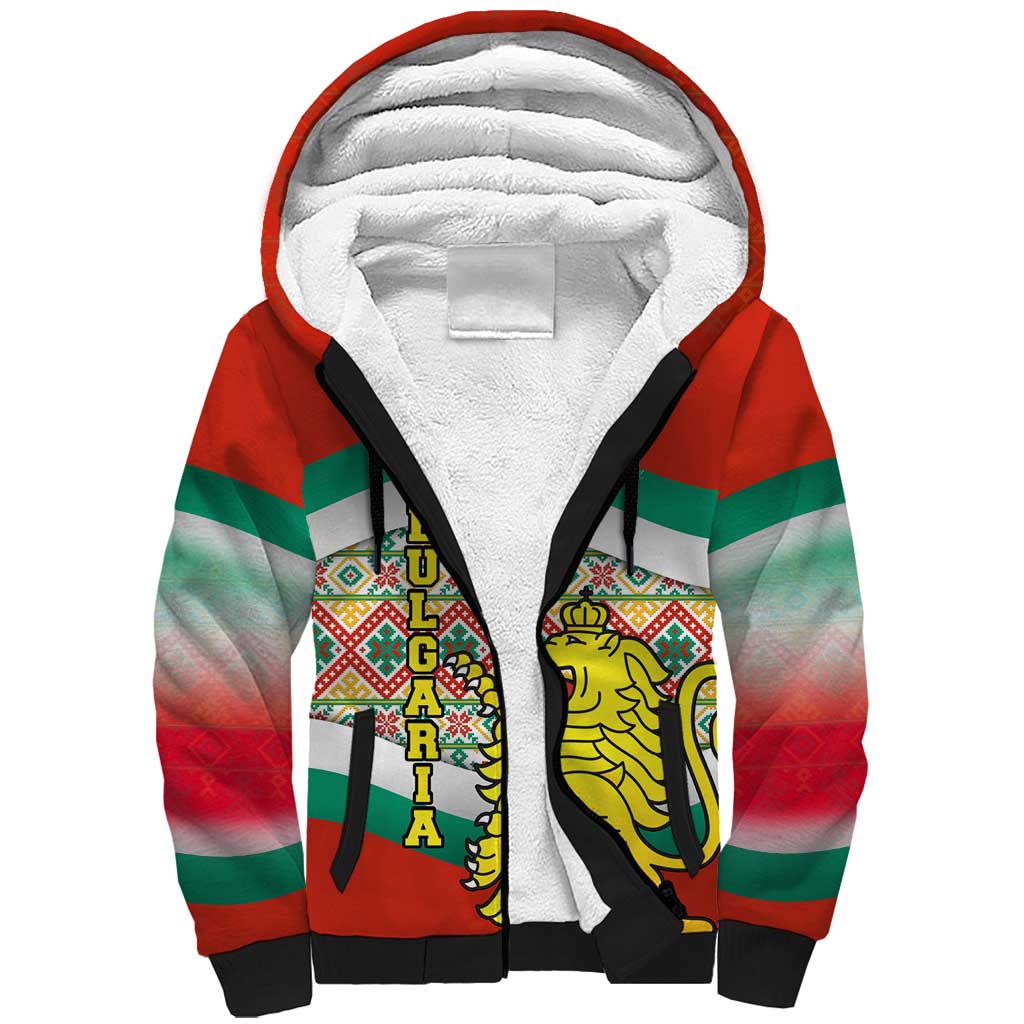 Bulgaria Lion Sherpa Hoodie Tricolor Flag, Folk Pattern and Proud Motto