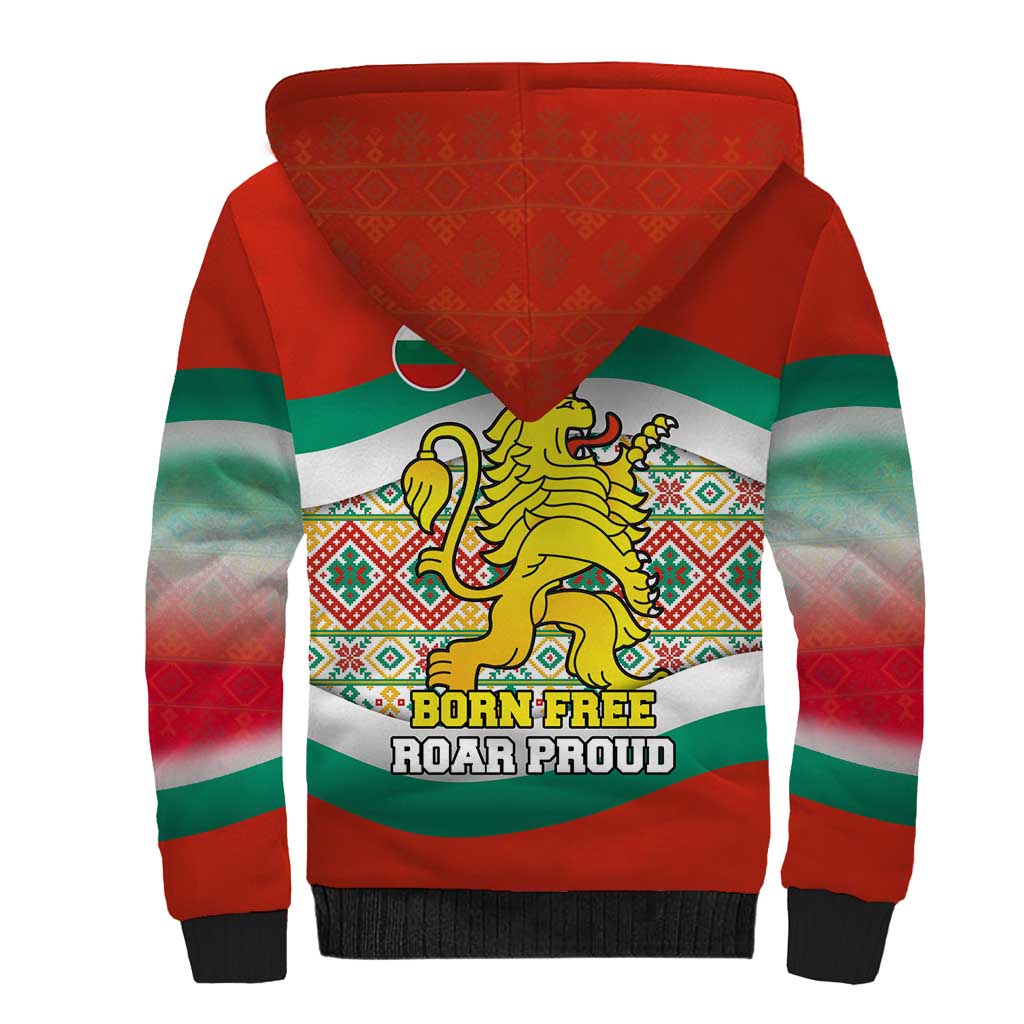 Bulgaria Lion Sherpa Hoodie Tricolor Flag, Folk Pattern and Proud Motto