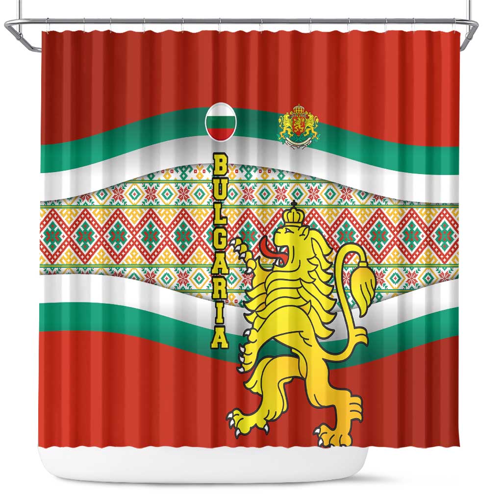 Bulgaria Lion Shower Curtain Tricolor Flag, Folk Pattern and Proud Motto