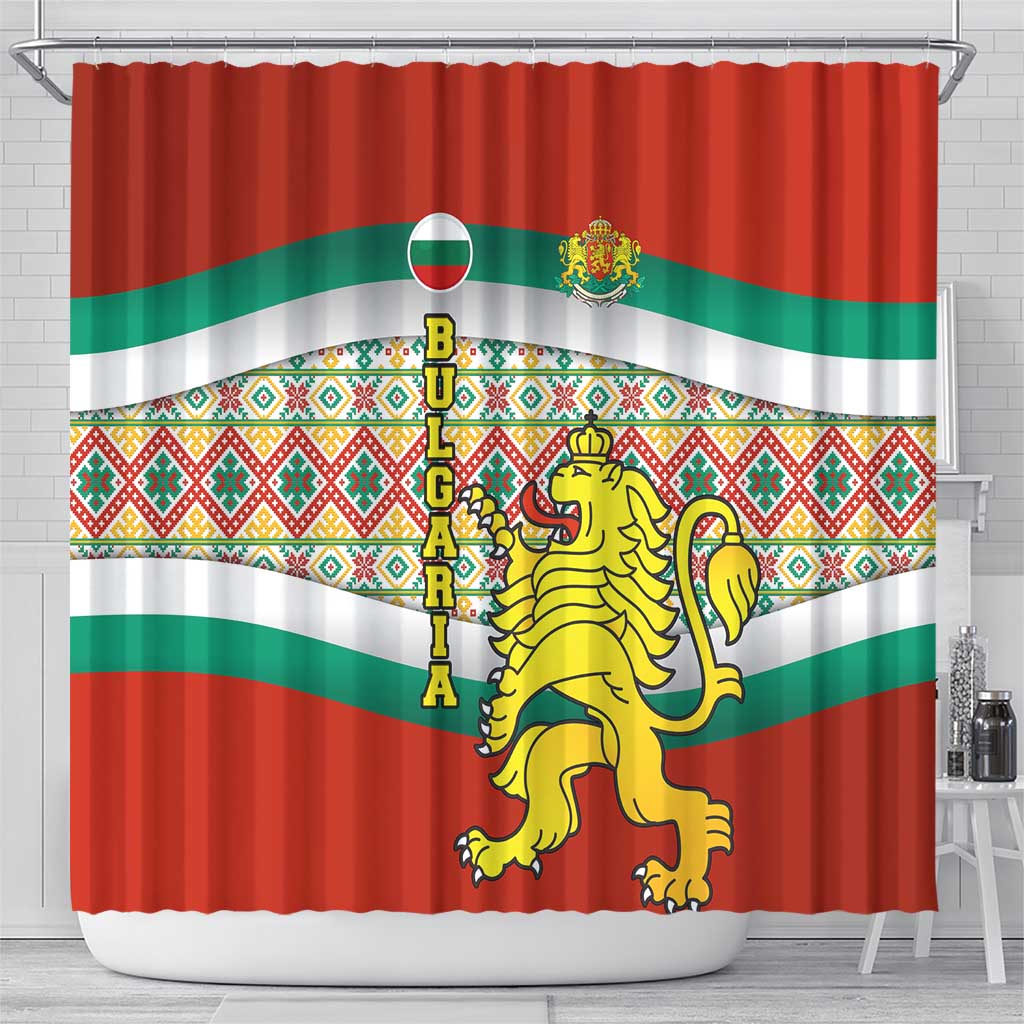 Bulgaria Lion Shower Curtain Tricolor Flag, Folk Pattern and Proud Motto