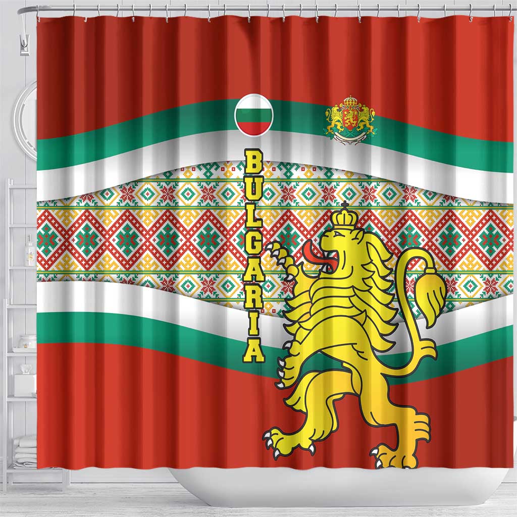 Bulgaria Lion Shower Curtain Tricolor Flag, Folk Pattern and Proud Motto