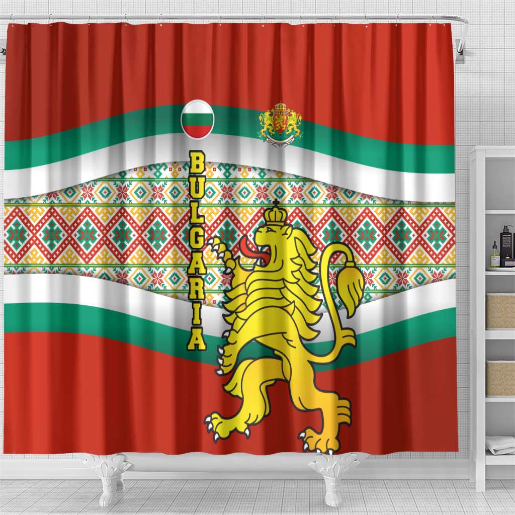 Bulgaria Lion Shower Curtain Tricolor Flag, Folk Pattern and Proud Motto