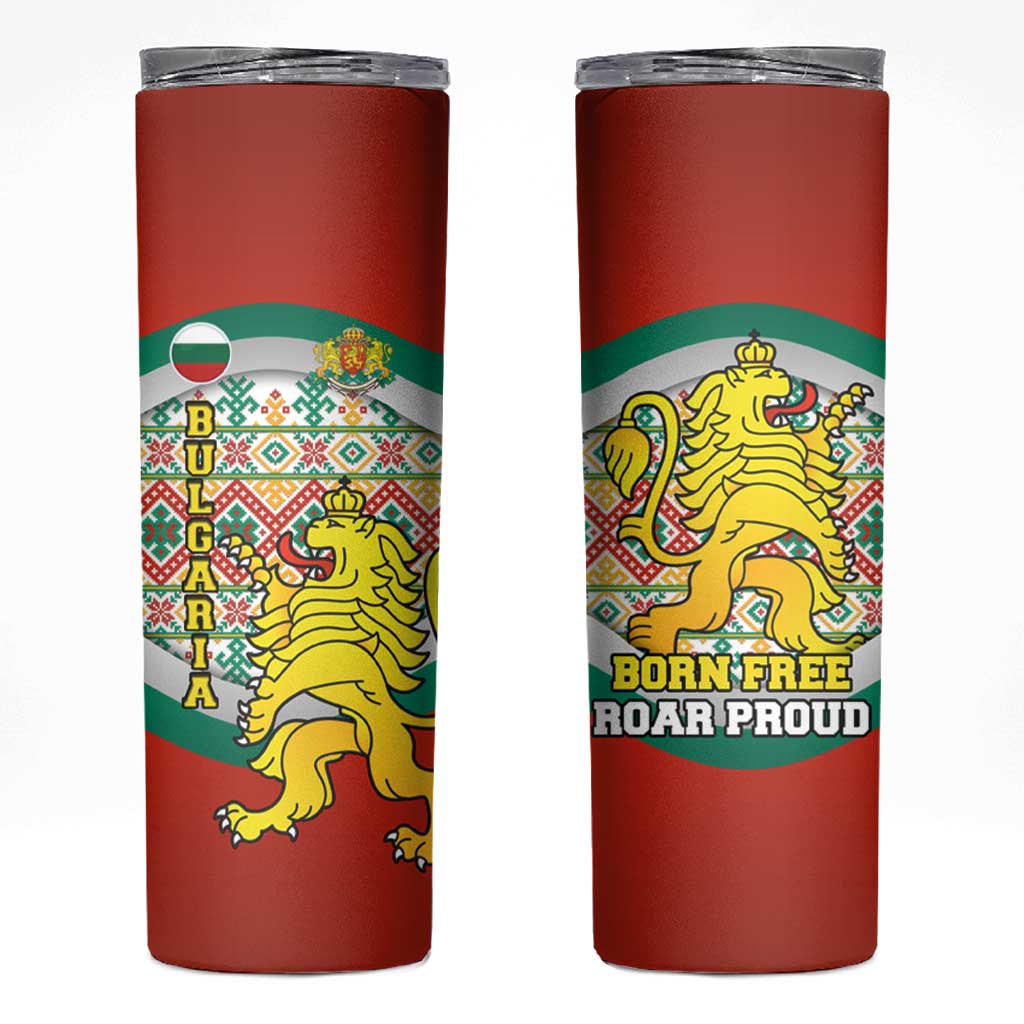 Bulgaria Lion Skinny Tumbler Tricolor Flag, Folk Pattern and Proud Motto