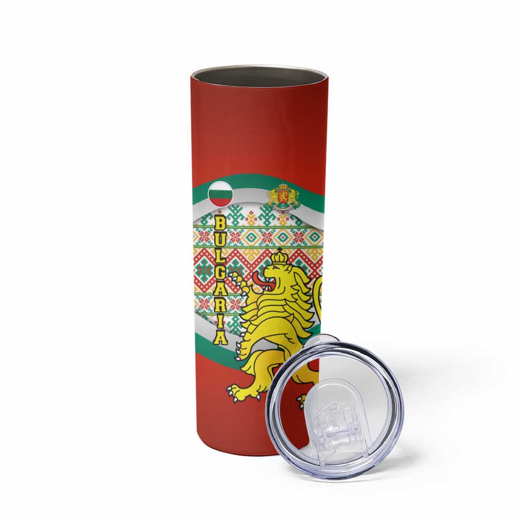 Bulgaria Lion Skinny Tumbler Tricolor Flag, Folk Pattern and Proud Motto