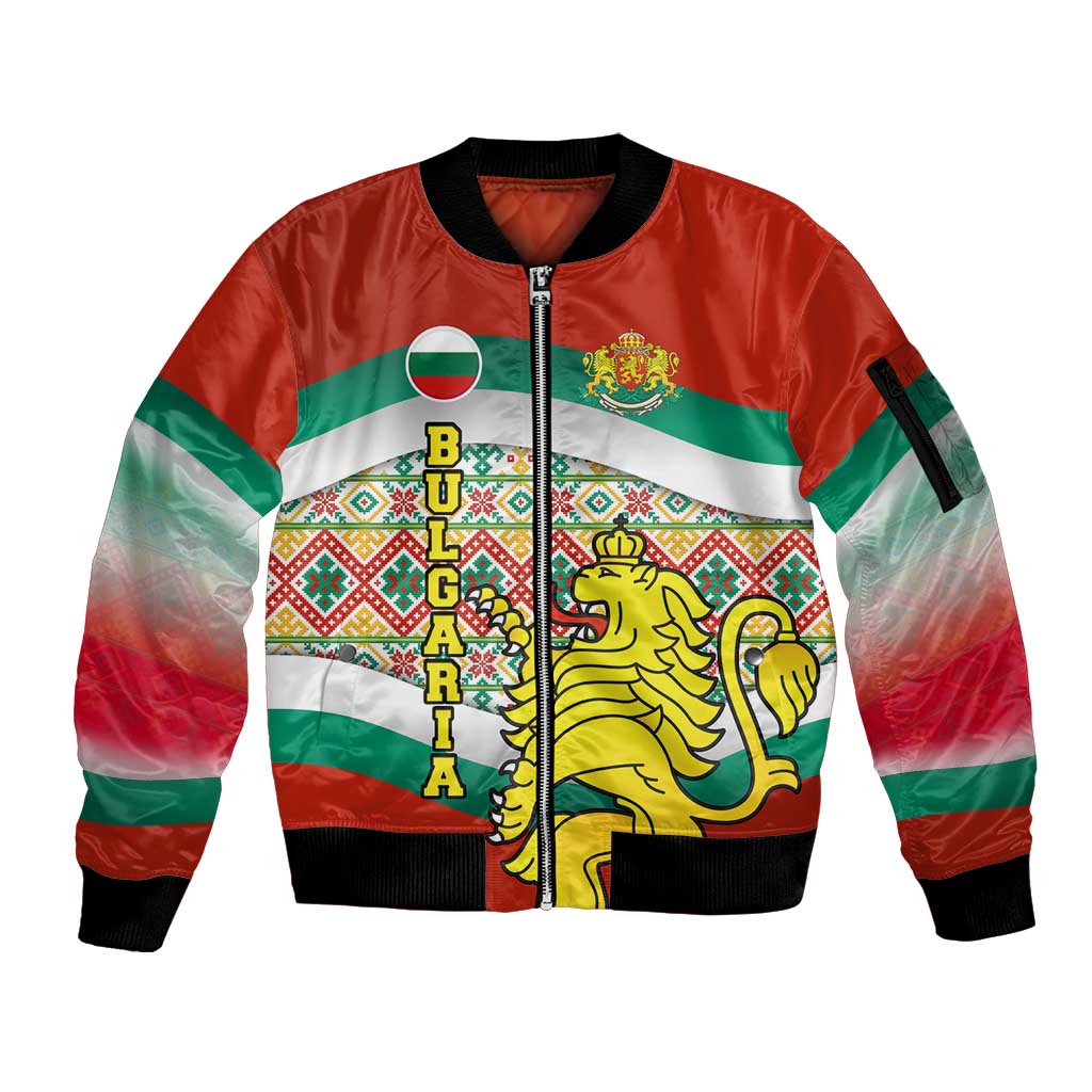 Bulgaria Lion Sleeve Zip Bomber Jacket Tricolor Flag, Folk Pattern and Proud Motto