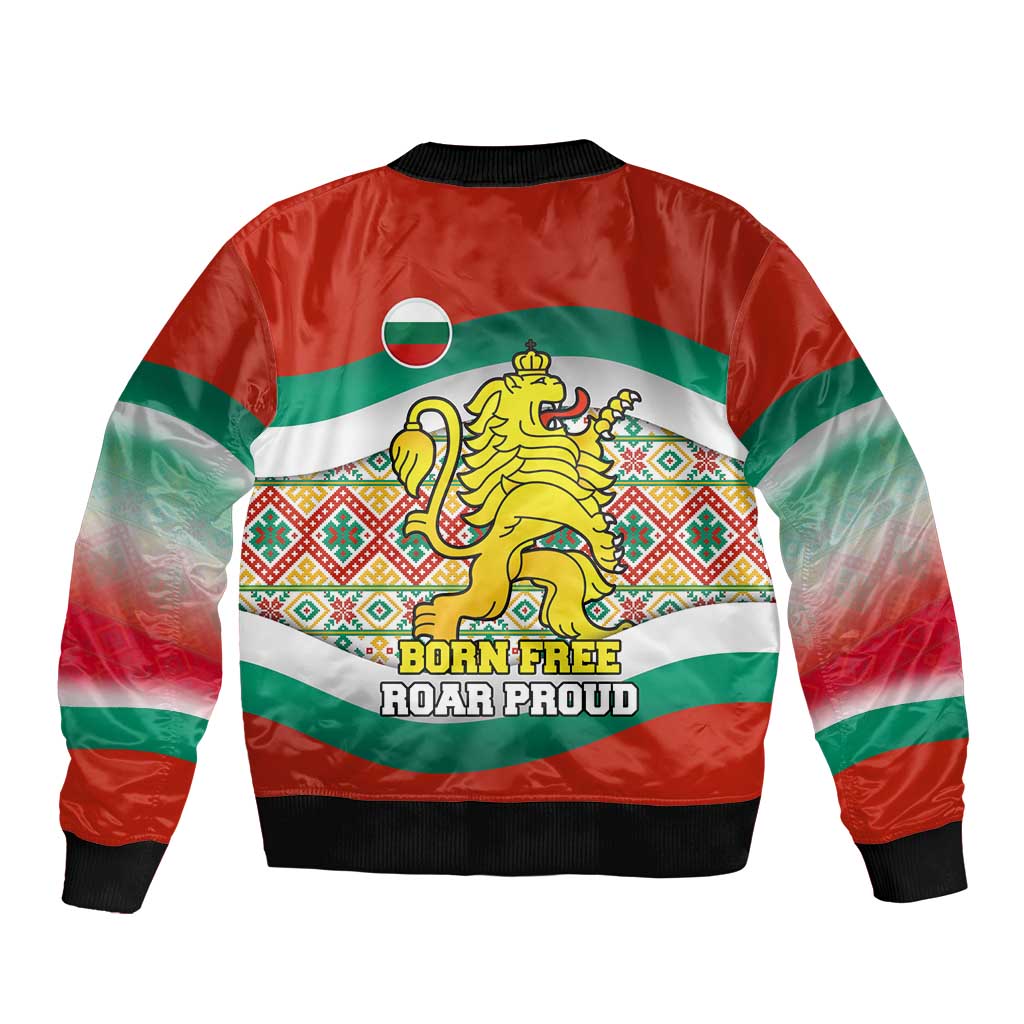 Bulgaria Lion Sleeve Zip Bomber Jacket Tricolor Flag, Folk Pattern and Proud Motto