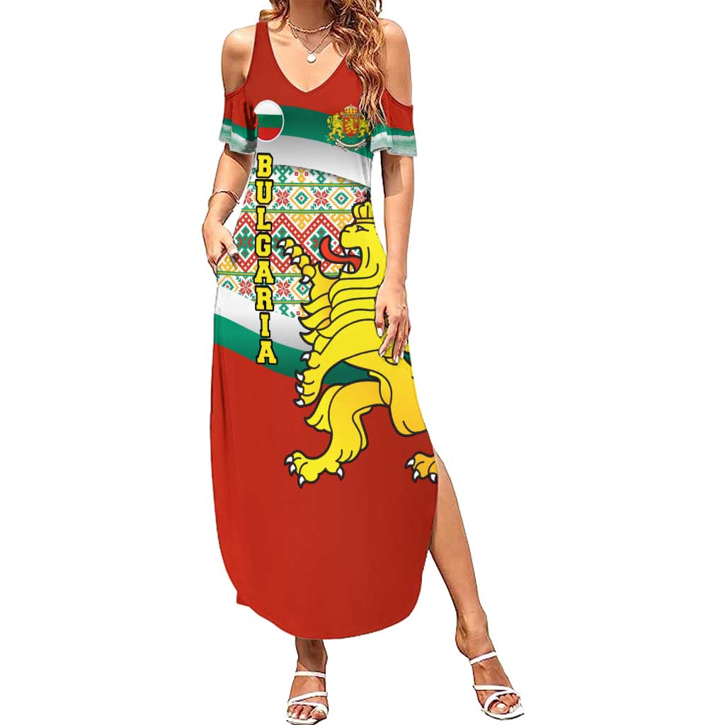 Bulgaria Lion Summer Maxi Dress Tricolor Flag, Folk Pattern and Proud Motto