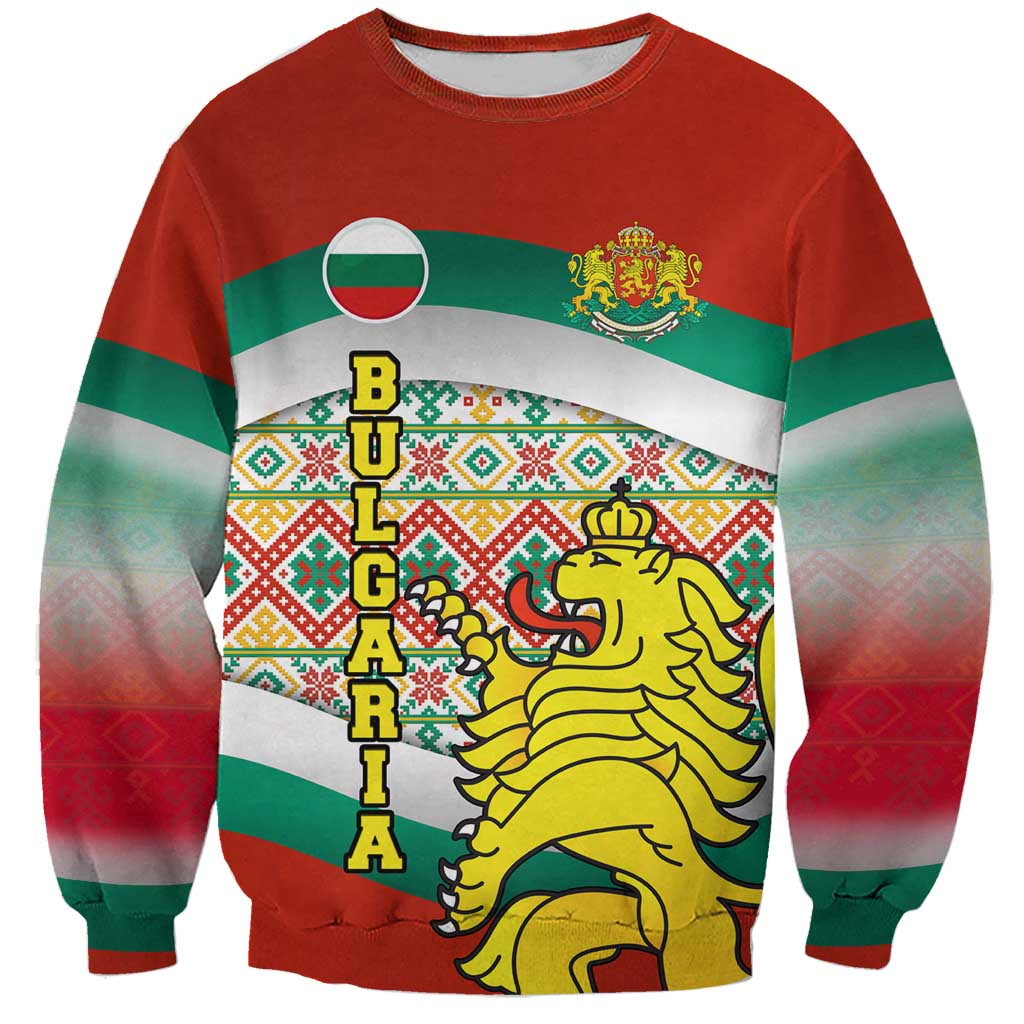 Bulgaria Lion Sweatshirt Tricolor Flag, Folk Pattern and Proud Motto