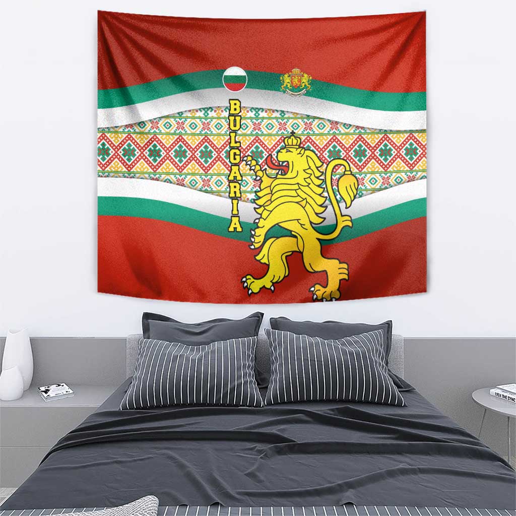 Bulgaria Lion Tapestry Tricolor Flag, Folk Pattern and Proud Motto