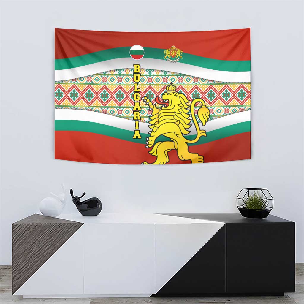 Bulgaria Lion Tapestry Tricolor Flag, Folk Pattern and Proud Motto