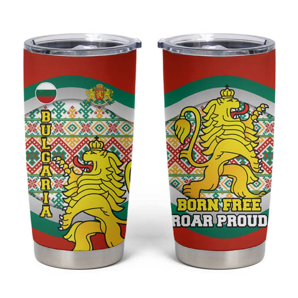 Bulgaria Lion Tumbler Cup Tricolor Flag, Folk Pattern and Proud Motto