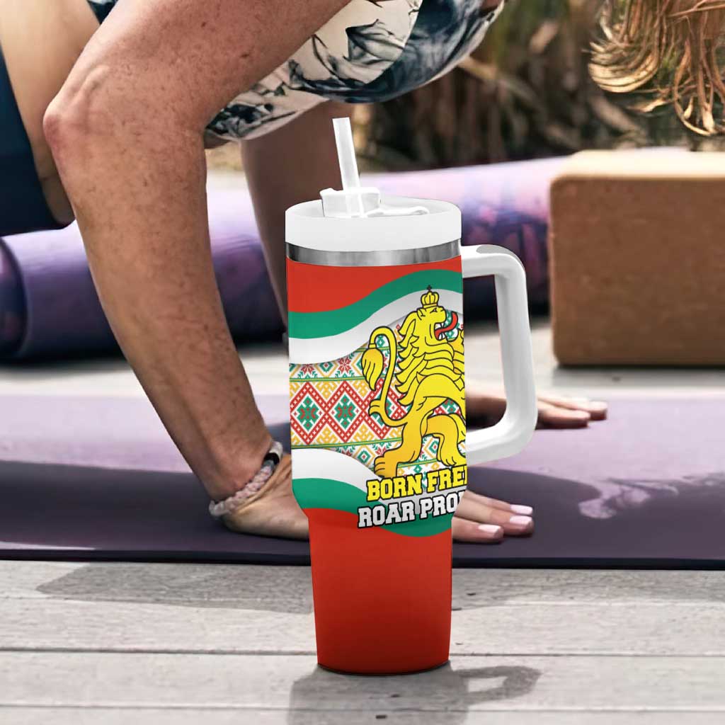 Bulgaria Lion Tumbler With Handle Tricolor Flag, Folk Pattern and Proud Motto