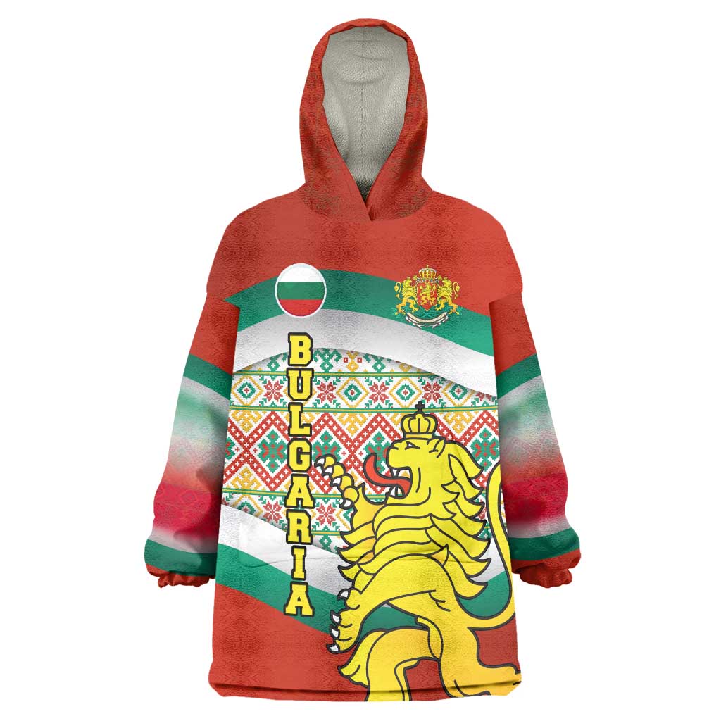 Bulgaria Lion Wearable Blanket Hoodie Tricolor Flag, Folk Pattern and Proud Motto