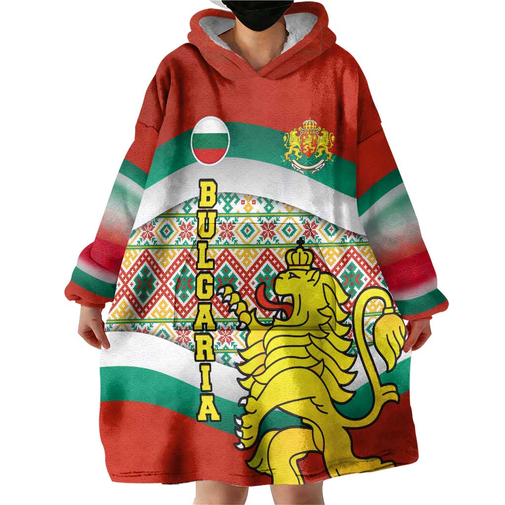 Bulgaria Lion Wearable Blanket Hoodie Tricolor Flag, Folk Pattern and Proud Motto