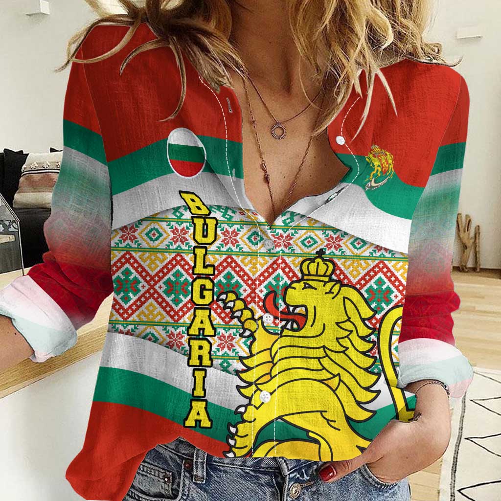 Bulgaria Lion Women Casual Shirt Tricolor Flag, Folk Pattern and Proud Motto
