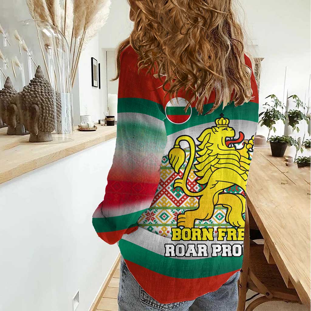 Bulgaria Lion Women Casual Shirt Tricolor Flag, Folk Pattern and Proud Motto