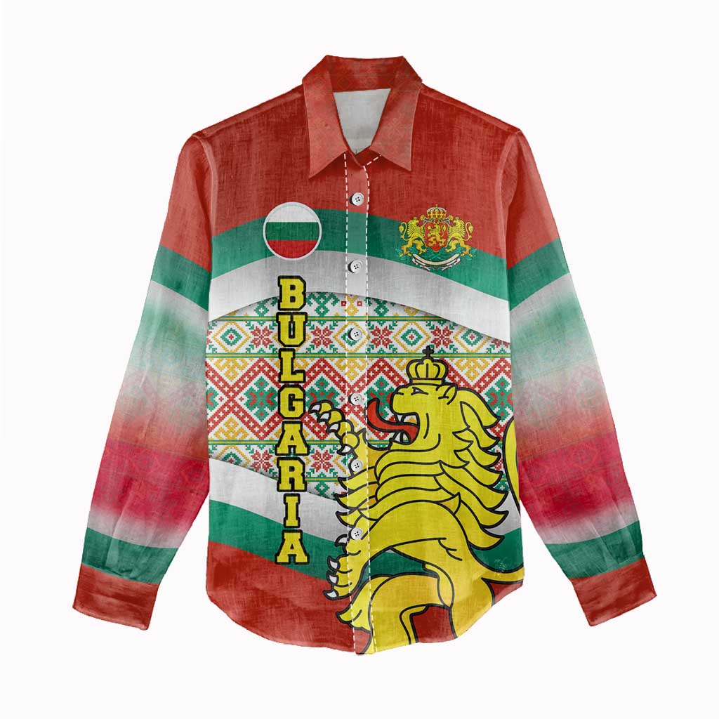 Bulgaria Lion Women Casual Shirt Tricolor Flag, Folk Pattern and Proud Motto
