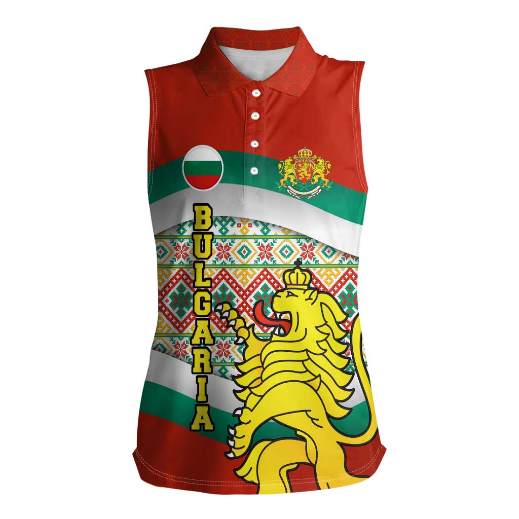 Bulgaria Lion Women Sleeveless Polo Shirt Tricolor Flag, Folk Pattern and Proud Motto