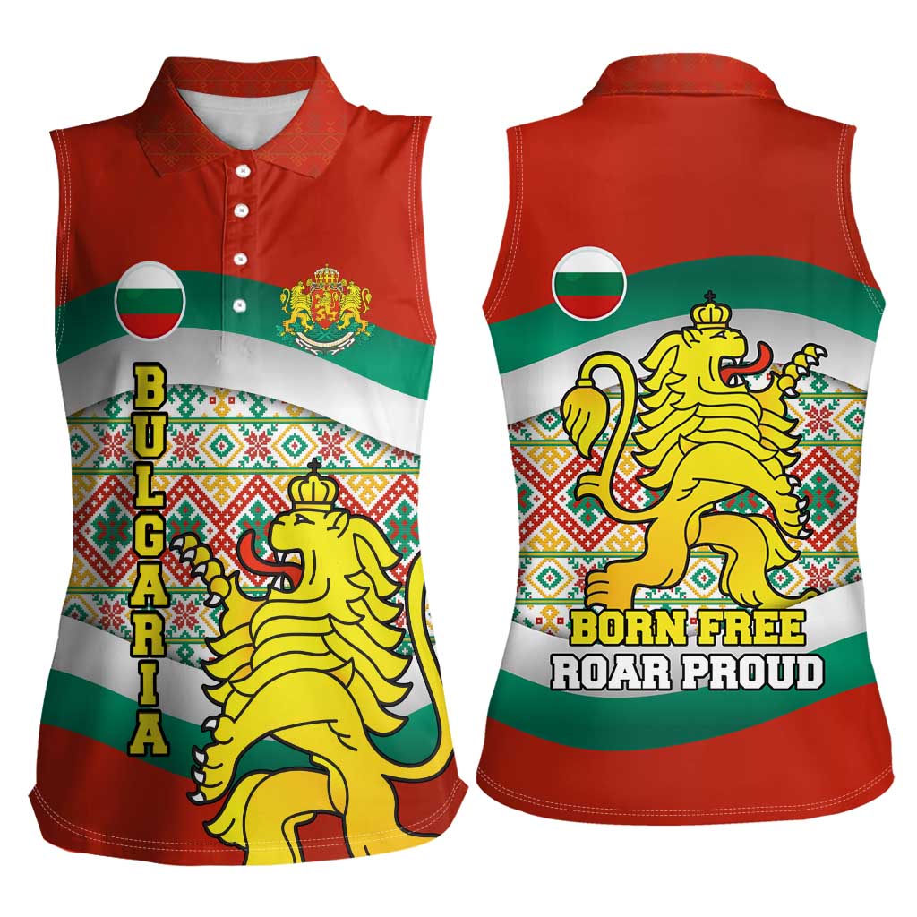 Bulgaria Lion Women Sleeveless Polo Shirt Tricolor Flag, Folk Pattern and Proud Motto