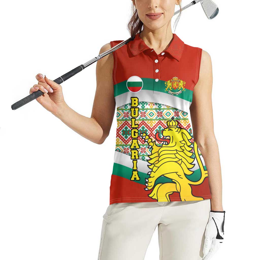 Bulgaria Lion Women Sleeveless Polo Shirt Tricolor Flag, Folk Pattern and Proud Motto