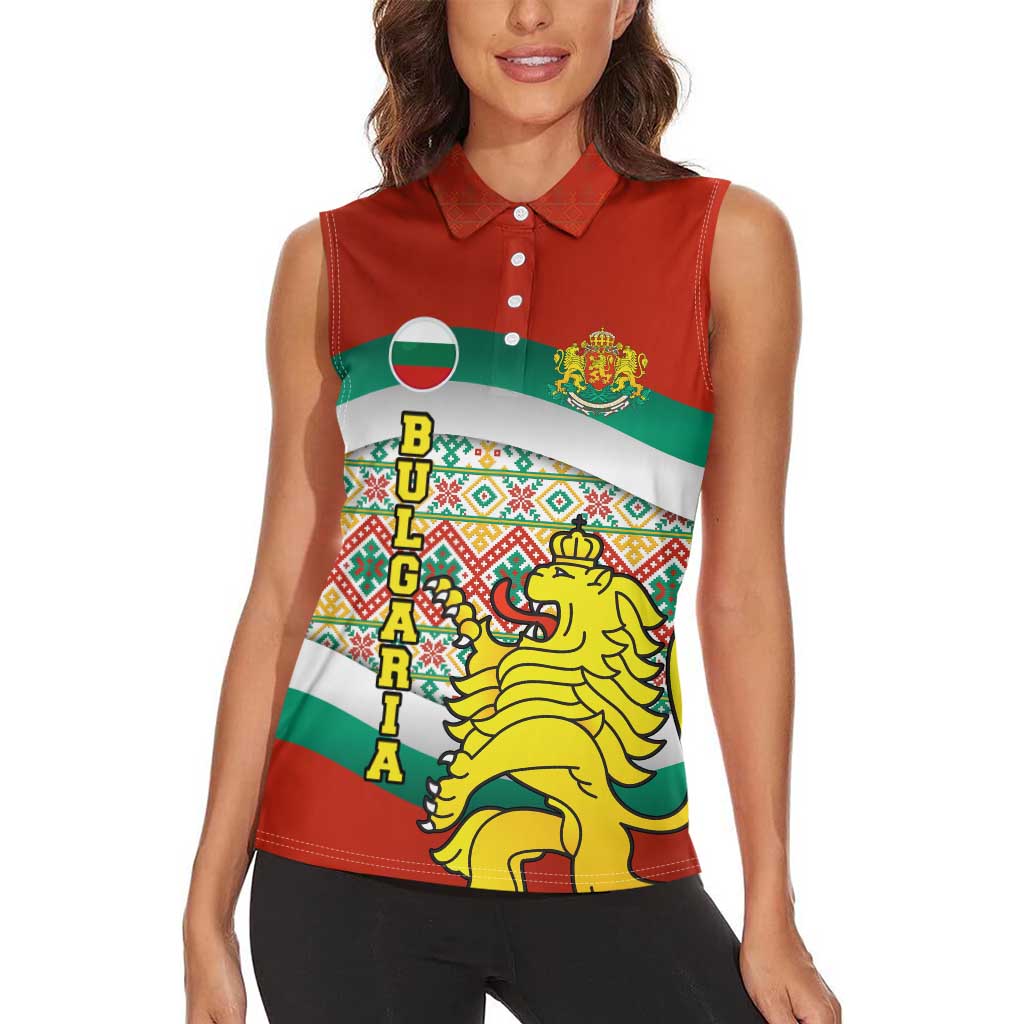Bulgaria Lion Women Sleeveless Polo Shirt Tricolor Flag, Folk Pattern and Proud Motto