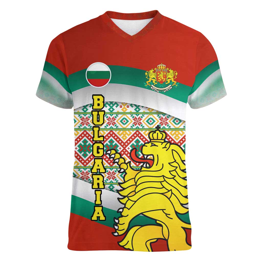 Bulgaria Lion Women V-Neck T-Shirt Tricolor Flag, Folk Pattern and Proud Motto