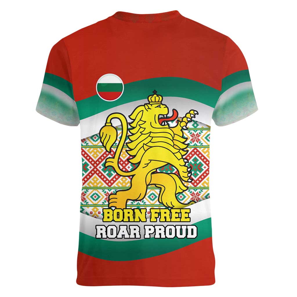 Bulgaria Lion Women V-Neck T-Shirt Tricolor Flag, Folk Pattern and Proud Motto