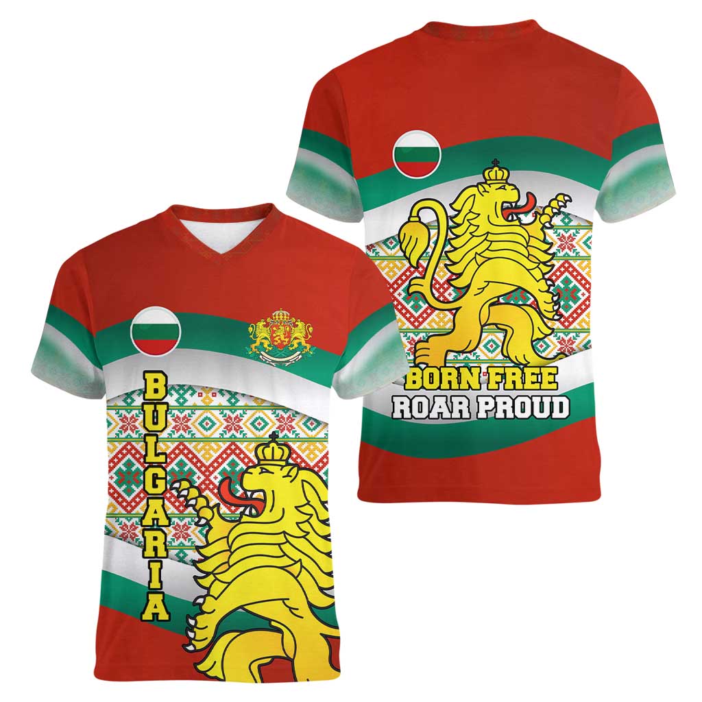 Bulgaria Lion Women V-Neck T-Shirt Tricolor Flag, Folk Pattern and Proud Motto