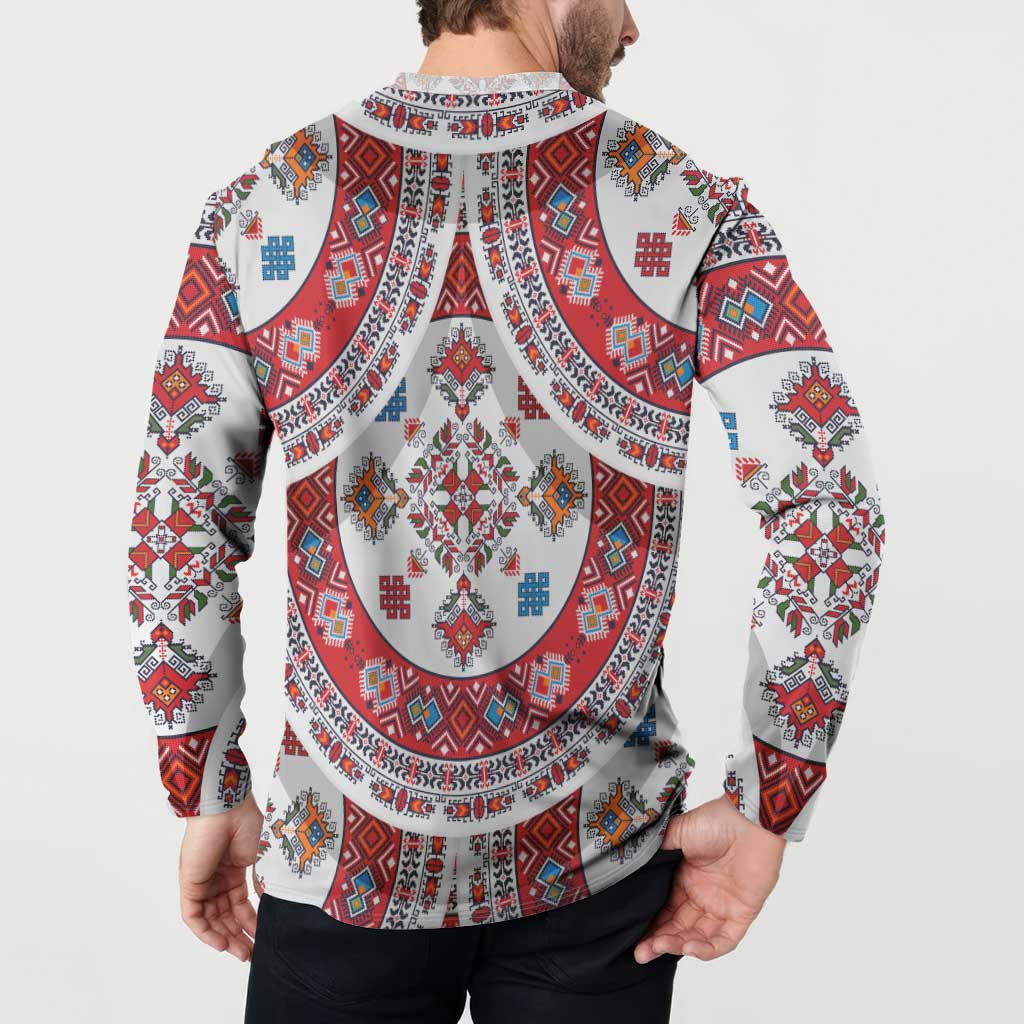 Bulgaria Folk Art Button Sweatshirt with Traditional Embroidery and Floral Motifs