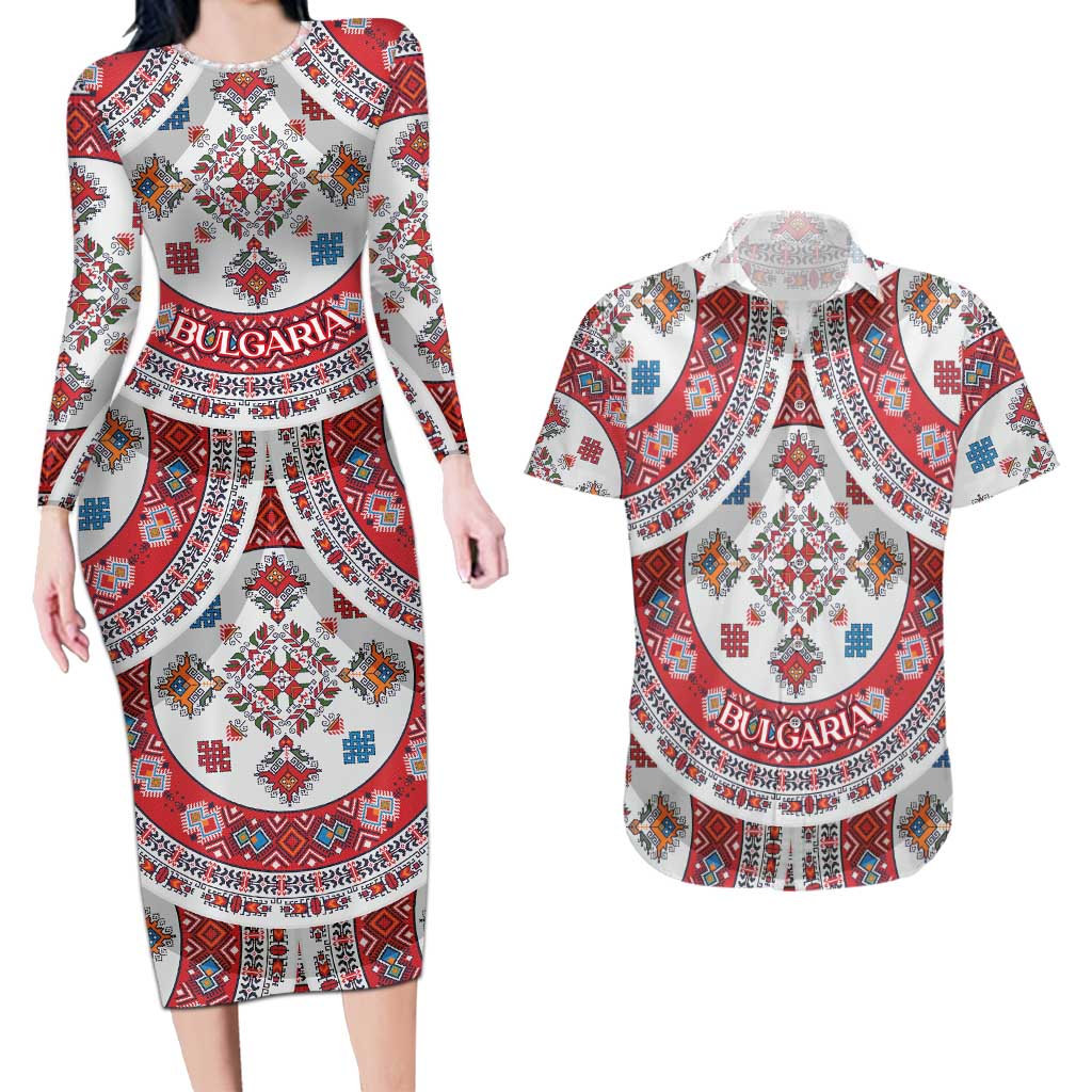Bulgaria Folk Art Couples Matching Long Sleeve Bodycon Dress and Hawaiian Shirt with Traditional Embroidery and Floral Motifs