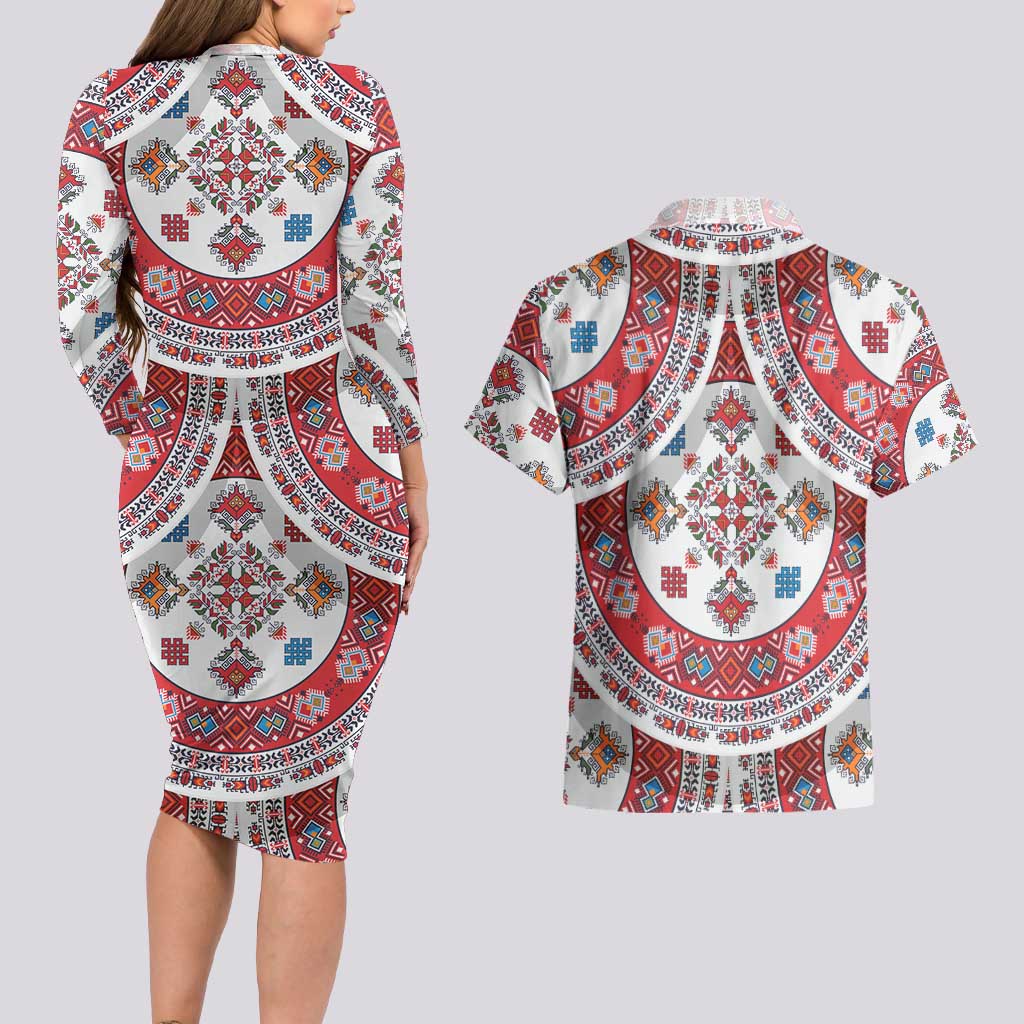 Bulgaria Folk Art Couples Matching Long Sleeve Bodycon Dress and Hawaiian Shirt with Traditional Embroidery and Floral Motifs