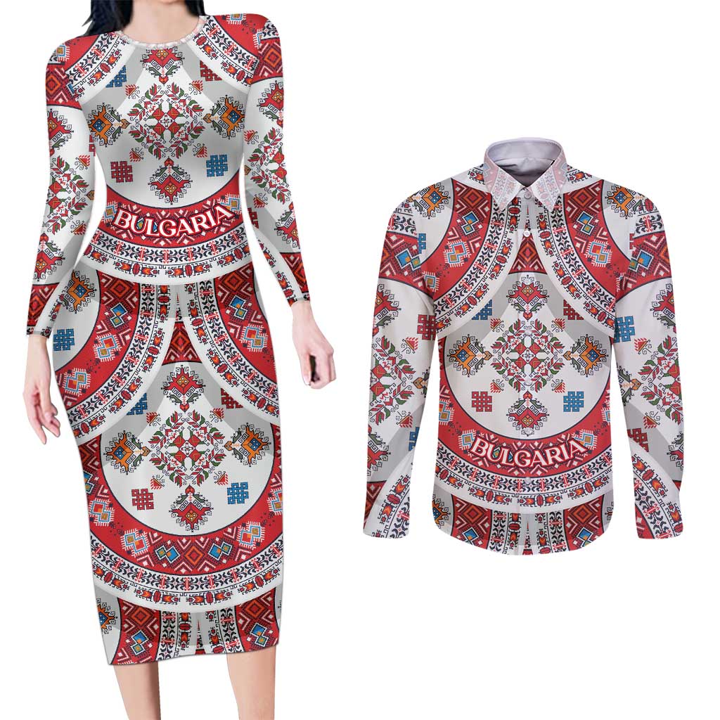 Bulgaria Folk Art Couples Matching Long Sleeve Bodycon Dress and Long Sleeve Button Shirt with Traditional Embroidery and Floral Motifs