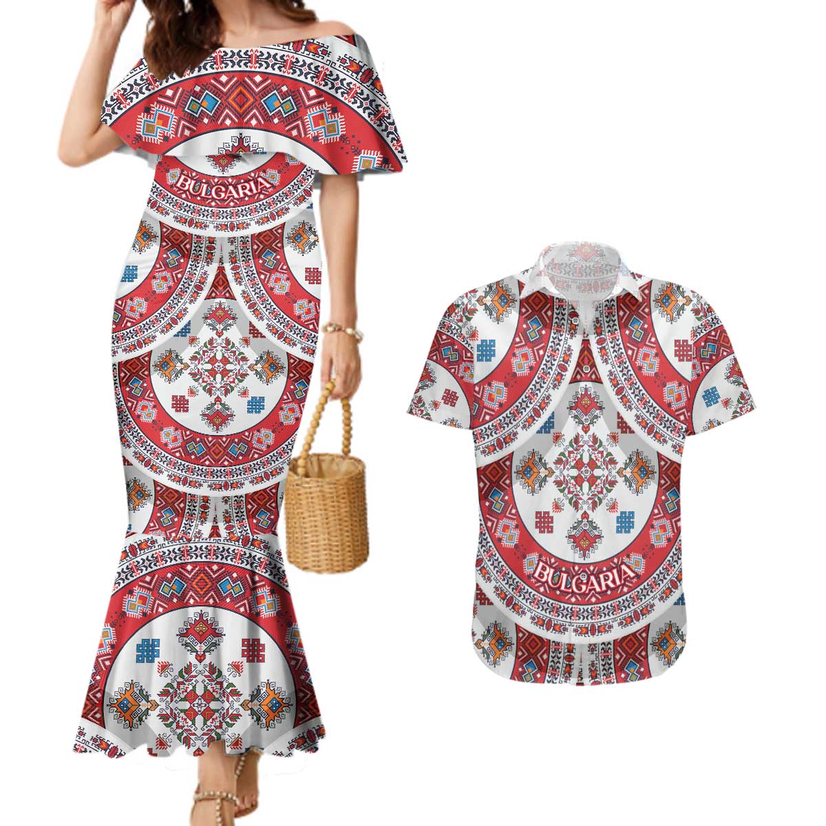 Bulgaria Folk Art Couples Matching Mermaid Dress and Hawaiian Shirt with Traditional Embroidery and Floral Motifs