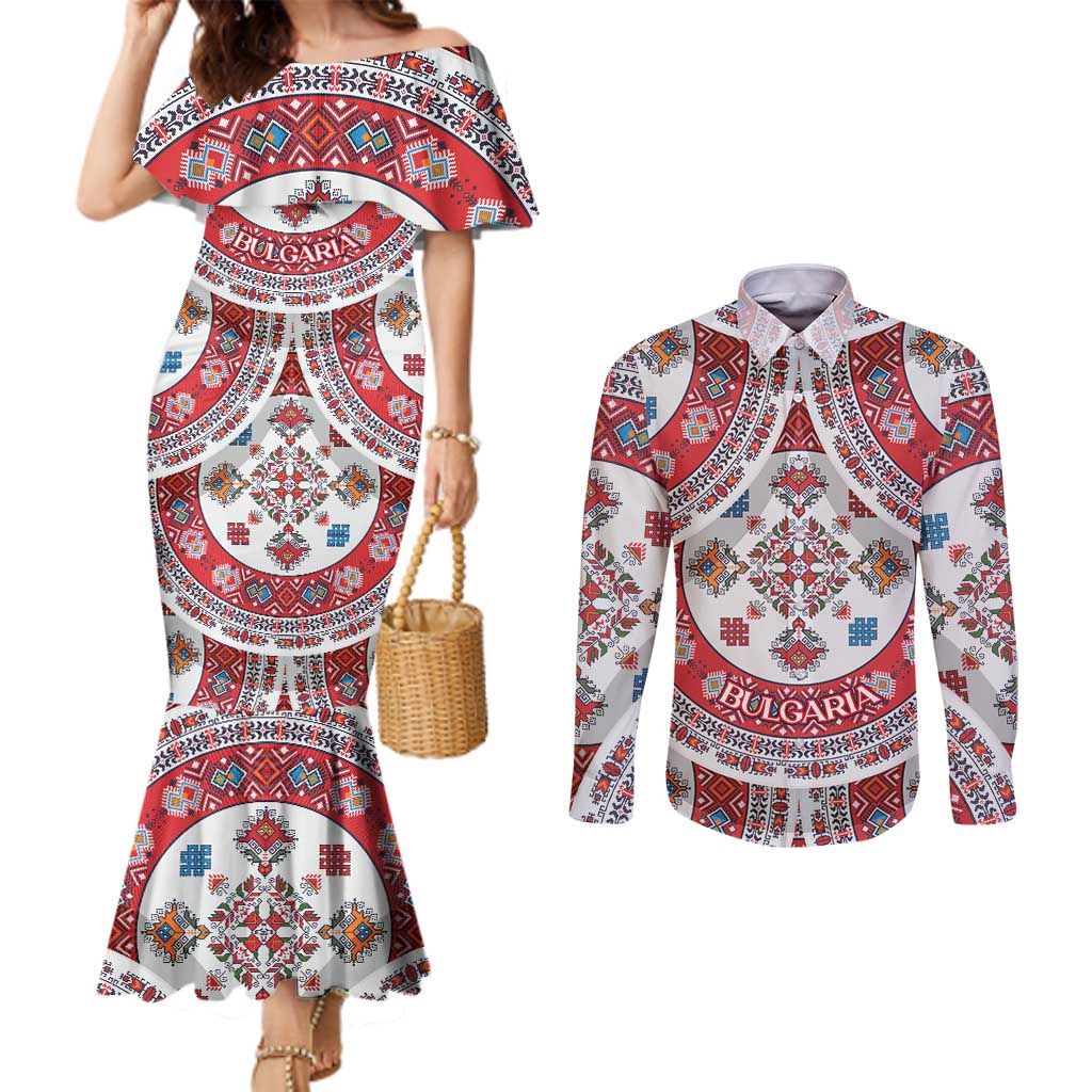 Bulgaria Folk Art Couples Matching Mermaid Dress and Long Sleeve Button Shirt with Traditional Embroidery and Floral Motifs