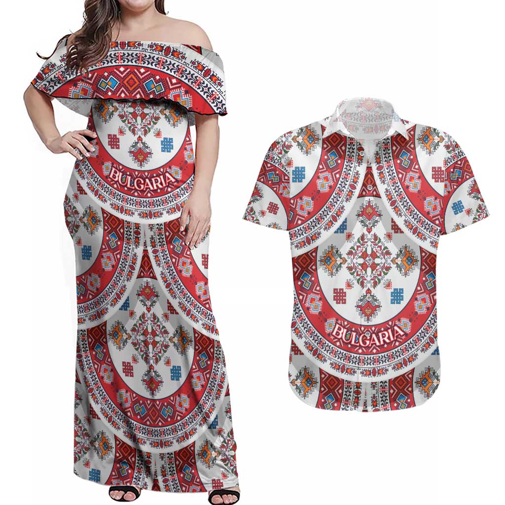 Bulgaria Folk Art Couples Matching Off Shoulder Maxi Dress and Hawaiian Shirt with Traditional Embroidery and Floral Motifs