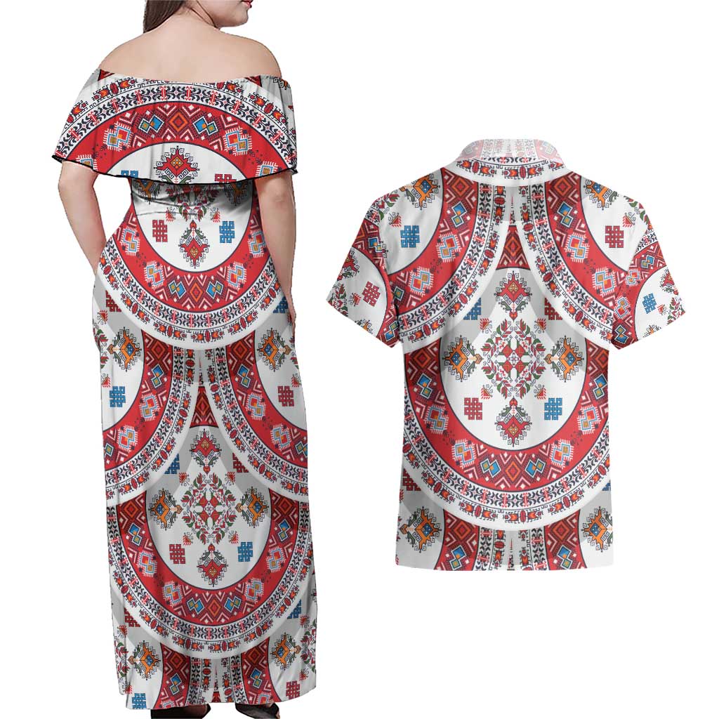 Bulgaria Folk Art Couples Matching Off Shoulder Maxi Dress and Hawaiian Shirt with Traditional Embroidery and Floral Motifs
