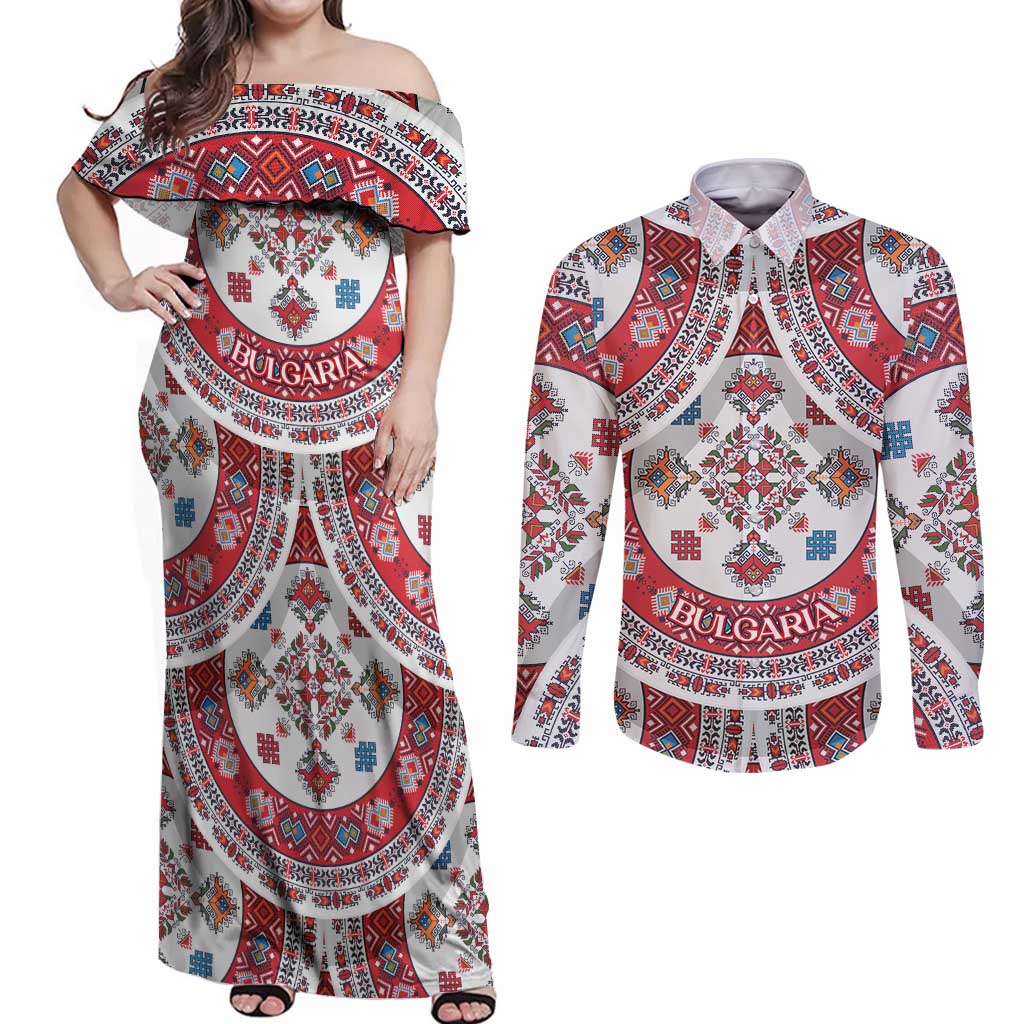 Bulgaria Folk Art Couples Matching Off Shoulder Maxi Dress and Long Sleeve Button Shirt with Traditional Embroidery and Floral Motifs