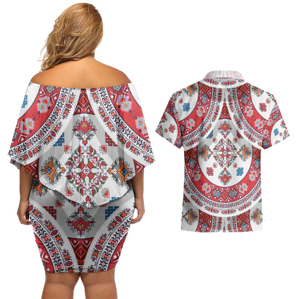 Bulgaria Folk Art Couples Matching Off Shoulder Short Dress and Hawaiian Shirt with Traditional Embroidery and Floral Motifs