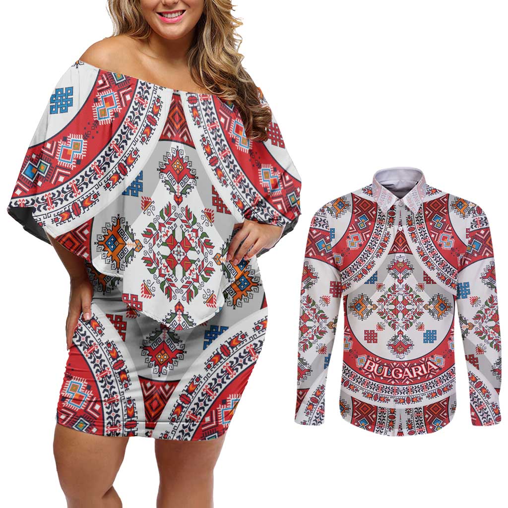 Bulgaria Folk Art Couples Matching Off Shoulder Short Dress and Long Sleeve Button Shirt with Traditional Embroidery and Floral Motifs