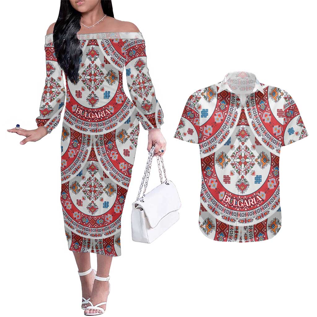 Bulgaria Folk Art Couples Matching Off The Shoulder Long Sleeve Dress and Hawaiian Shirt with Traditional Embroidery and Floral Motifs