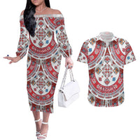 Bulgaria Folk Art Couples Matching Off The Shoulder Long Sleeve Dress and Hawaiian Shirt with Traditional Embroidery and Floral Motifs