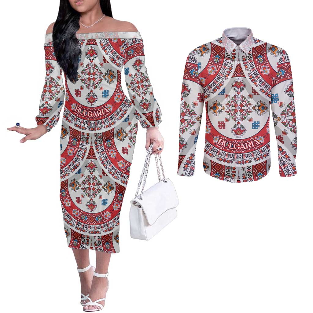 Bulgaria Folk Art Couples Matching Off The Shoulder Long Sleeve Dress and Long Sleeve Button Shirt with Traditional Embroidery and Floral Motifs