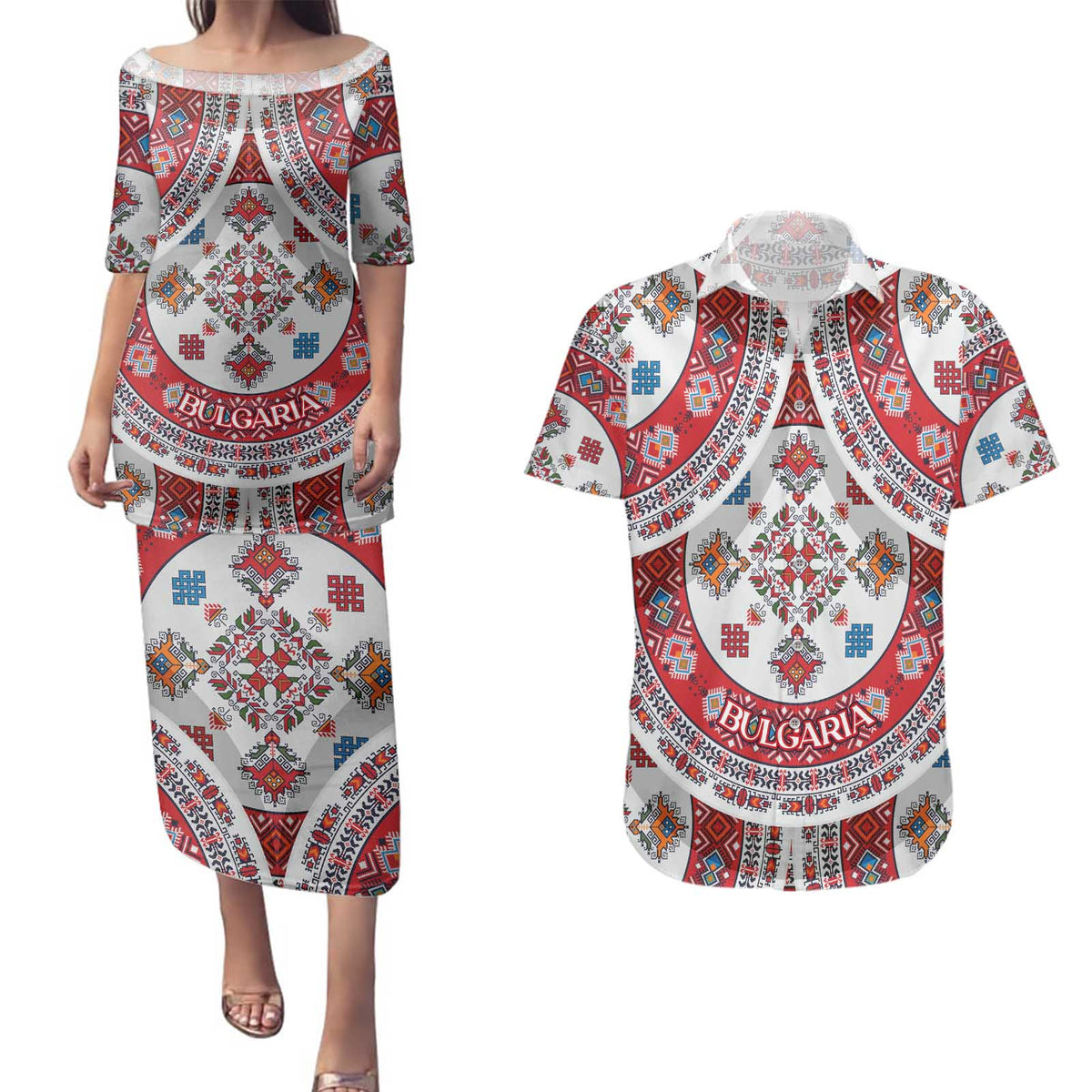 Bulgaria Folk Art Couples Matching Puletasi and Hawaiian Shirt with Traditional Embroidery and Floral Motifs