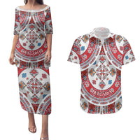 Bulgaria Folk Art Couples Matching Puletasi and Hawaiian Shirt with Traditional Embroidery and Floral Motifs