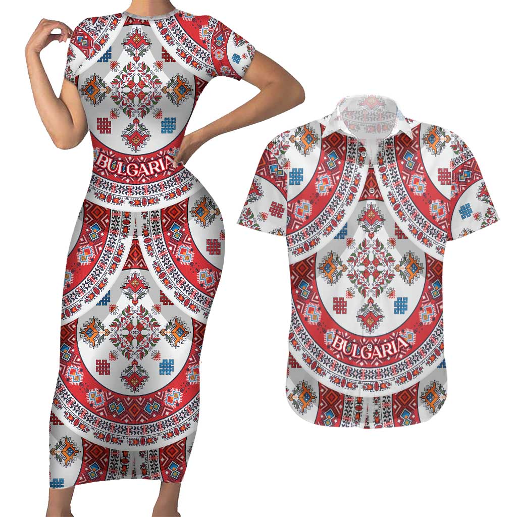 Bulgaria Folk Art Couples Matching Short Sleeve Bodycon Dress and Hawaiian Shirt with Traditional Embroidery and Floral Motifs