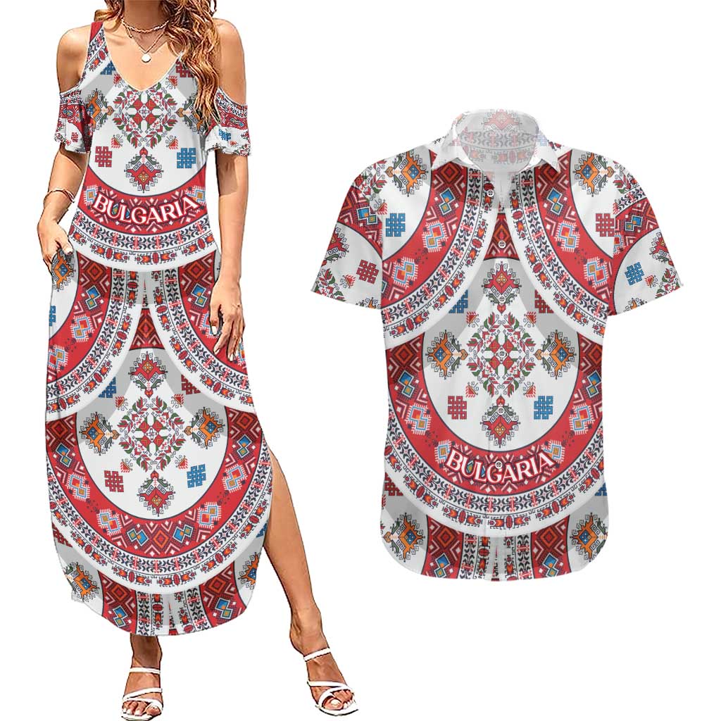 Bulgaria Folk Art Couples Matching Summer Maxi Dress and Hawaiian Shirt with Traditional Embroidery and Floral Motifs