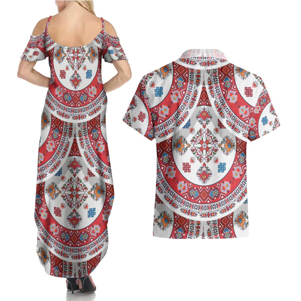Bulgaria Folk Art Couples Matching Summer Maxi Dress and Hawaiian Shirt with Traditional Embroidery and Floral Motifs