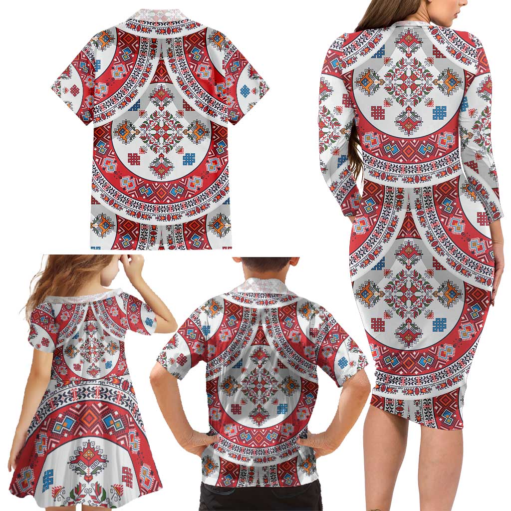 Bulgaria Folk Art Family Matching Long Sleeve Bodycon Dress and Hawaiian Shirt with Traditional Embroidery and Floral Motifs