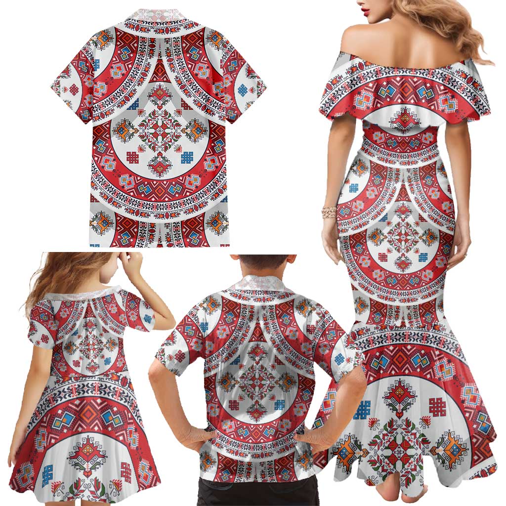 Bulgaria Folk Art Family Matching Mermaid Dress and Hawaiian Shirt with Traditional Embroidery and Floral Motifs